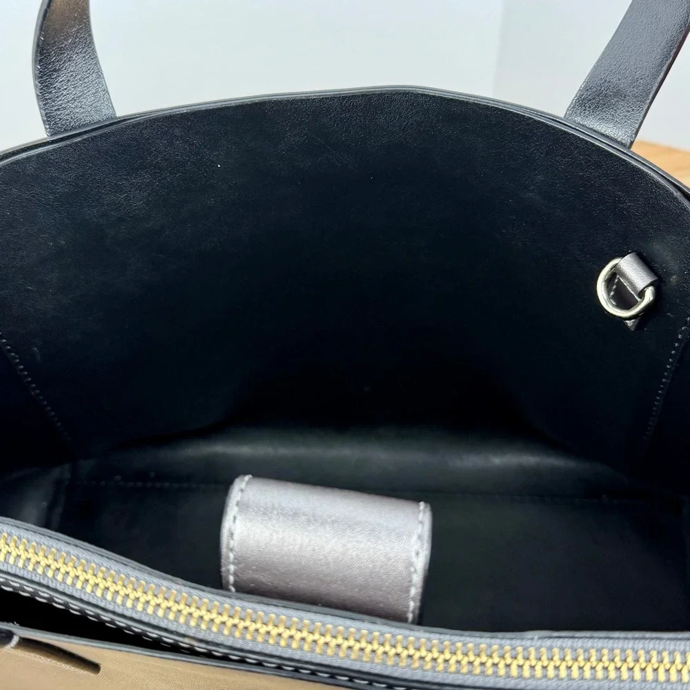 Kate Spade Metallic Pewter Leather Tote Bag Triple Compartment Handbag Gunmetal